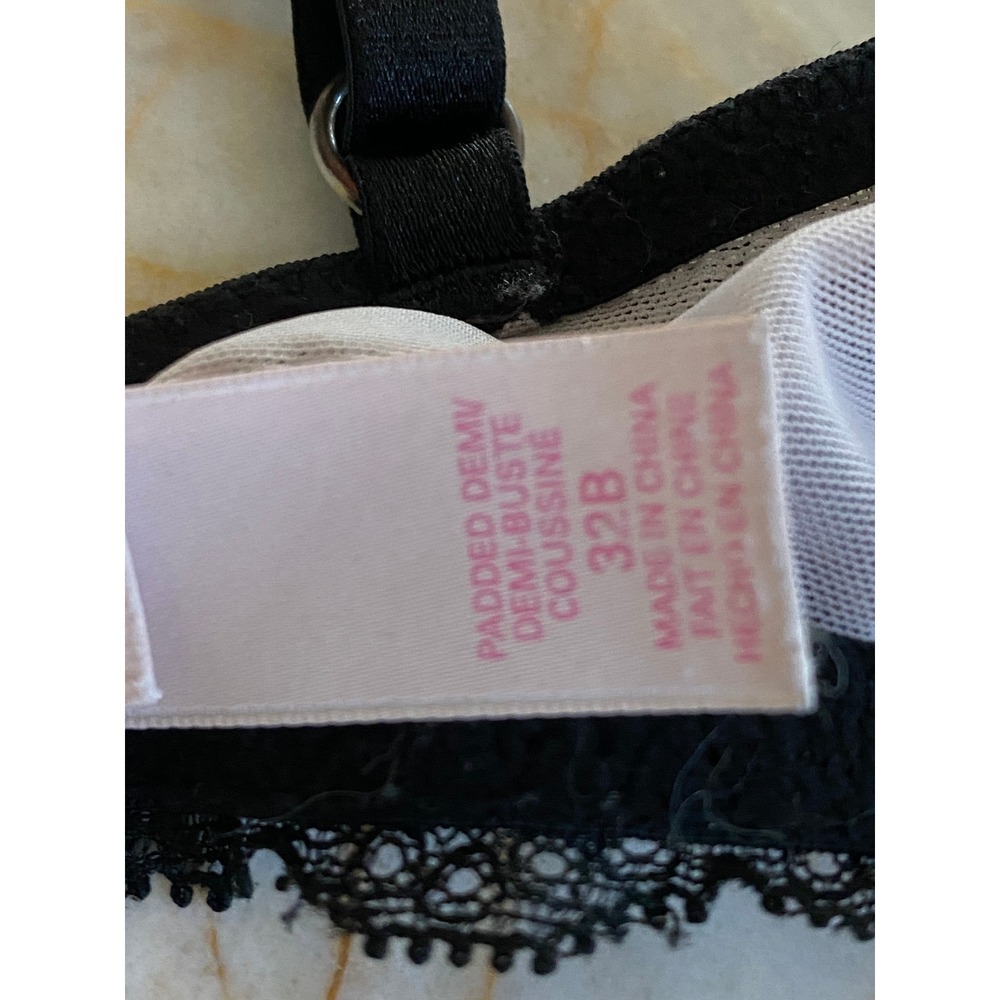 Victoria's Secret Padded Demi Bra Black Lace Rhinestone 32B Floral Scallop Trim - Picture 13 of 14